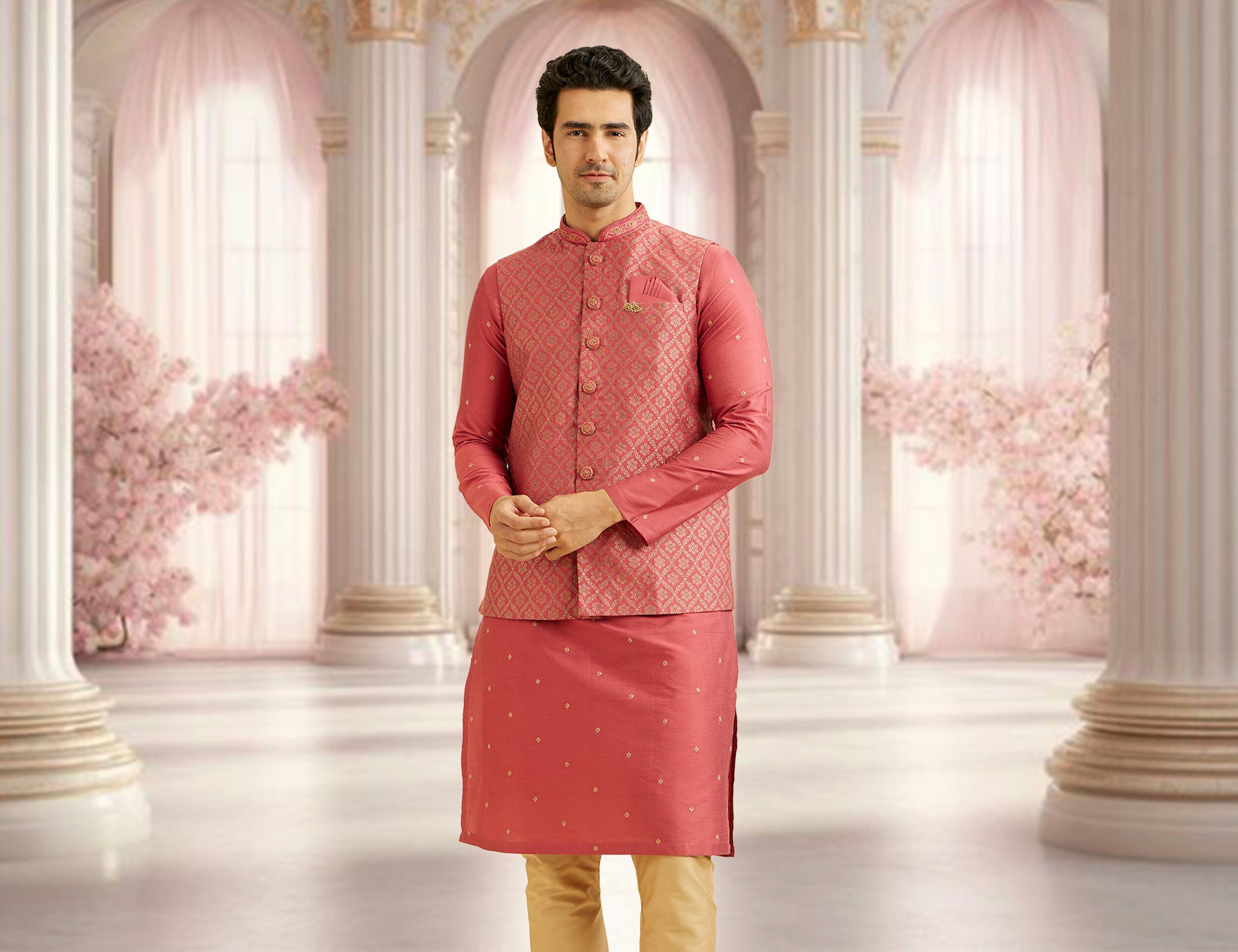 A man wearing red kurta pajama with red jacket on it